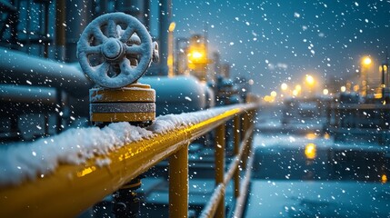 Snowy Industrial Landscape: Close-up of Valve and Yellow Railing at a Plant During a Winter Snowstorm