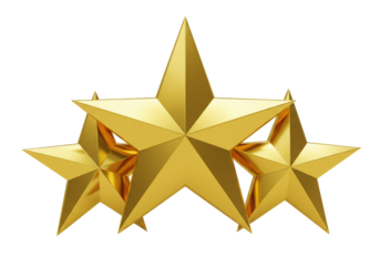 Three golden stars isolated PNG on transparent background, award or achievement symbol for graphic design and decoration