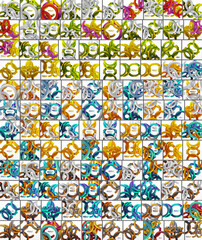 Colorful linked rings form grid pattern. Variations exist within each rings hue, shape, texture. Brightness contrasts create visual interest.