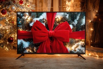 TV present with a large red New Year's bow on the background of a Christmas tree