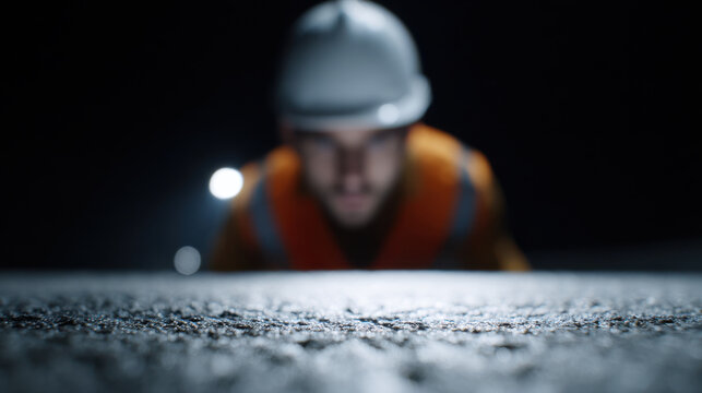 Inspector examining asphalt texture closely at night with safety helmet and vest, focused on quality control and surface detail