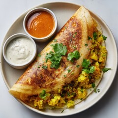 Delicious masala dosa a south indian crepe filled with spiced potatoes and vegetables served with chutney
