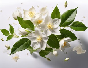 Elegant Arrangement of White Flowers and Lush Green Leaves on a White Background, a Minimalist Floral Composition