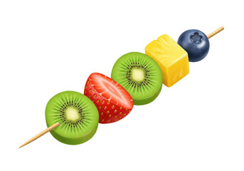 Colorful fruit skewer PNG isolated on transparent background, healthy snack with kiwi strawberry pineapple and blueberry for summer party