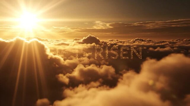 Golden sunbeams pierce through an endless expanse of fluffy, warm-toned clouds from an aerial perspective