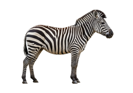 Striking zebra standing isolated PNG, majestic African wildlife with bold black and white stripes on transparent background