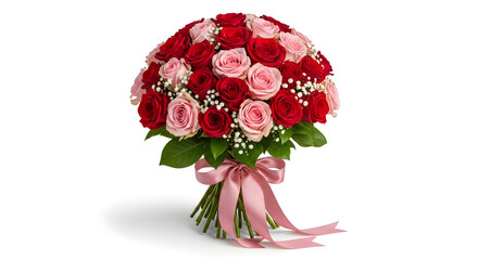 Romantic Red and Pink Rose Bouquet with Pink Ribbon