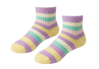 Striped pastel socks PNG isolated on transparent background, cute ankle socks with yellow, purple, and green stripes for fashion and comfort