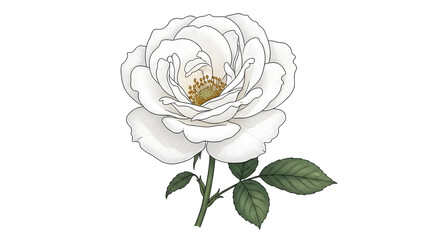 Single White Rose with Green Leaves on White Background
