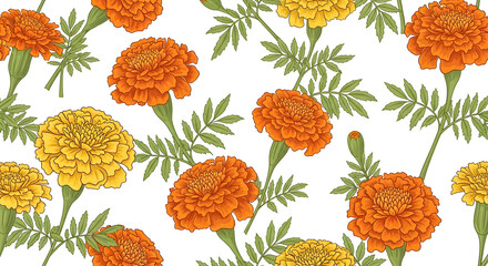 Seamless Pattern of Marigold Flowers and Leaves floral pattern