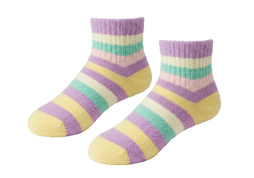 Striped pastel socks PNG isolated on transparent background, cute ankle socks with yellow, purple, and green stripes for fashion and comfort