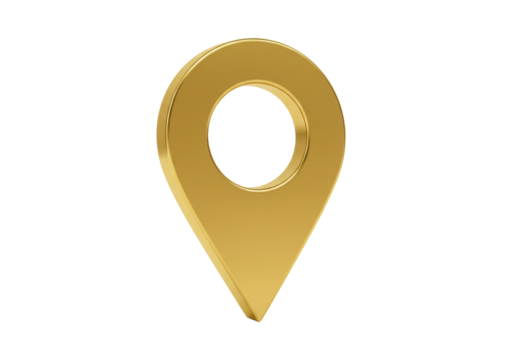 Golden map pointer isolated PNG, location pin icon for navigation and travel on transparent background