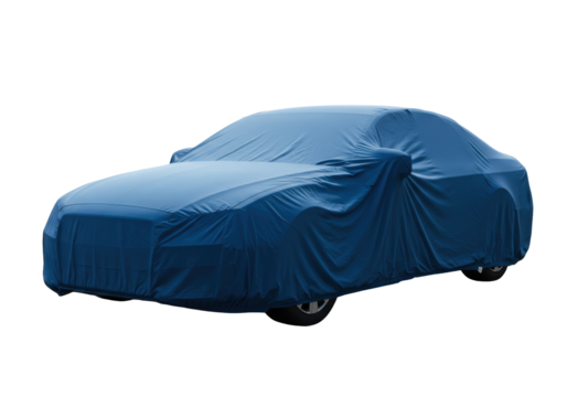 Blue car under cover PNG isolated on transparent background, vehicle protection from weather elements and environmental factors