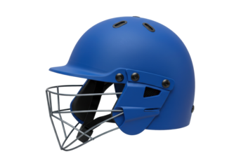 Blue cricket helmet with face grill isolated PNG, protective headgear for batsman safety on transparent background