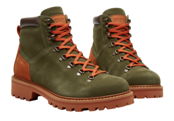 Olive green hiking boots PNG isolated on transparent background, stylish outdoor footwear for trekking and camping adventures