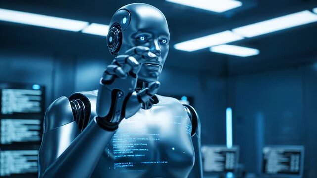 A sleek, silver robot with glowing blue eyes and a clenched fist, in a blue-lit tech environment