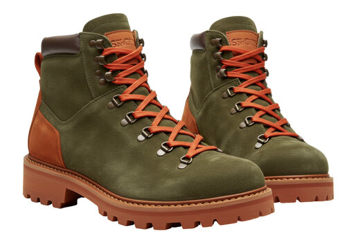 Olive green hiking boots PNG isolated on transparent background, stylish outdoor footwear for trekking and camping adventures