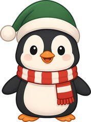Cute Christmas Penguin with Santa Hat and Red Scarf