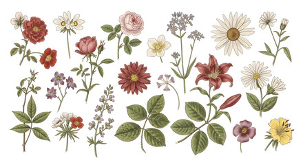 Assorted Vintage Botanical Illustrations of Flowers and Leaves