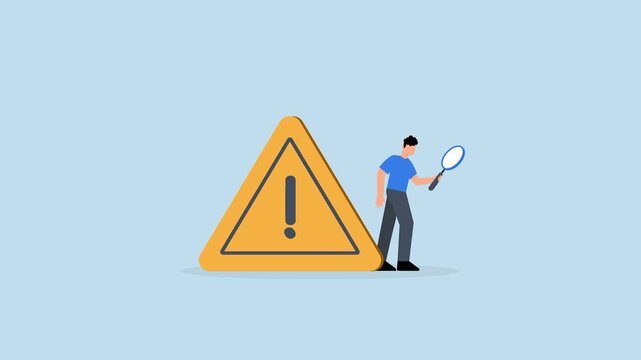 Incident management, Entrepreneur using a magnifying glass to examine an incident marked by an attention exclamation sign