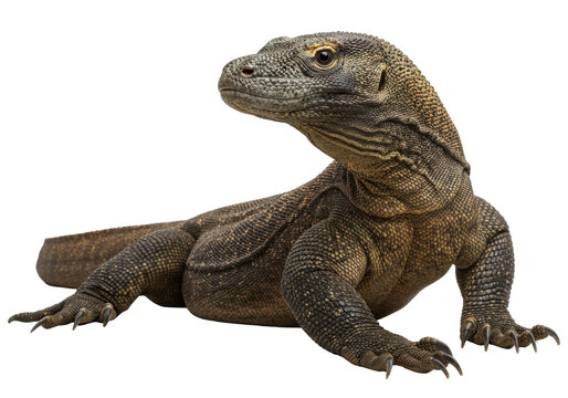 Komodo dragon PNG isolated on transparent background, large lizard with scales and claws for wildlife and nature projects