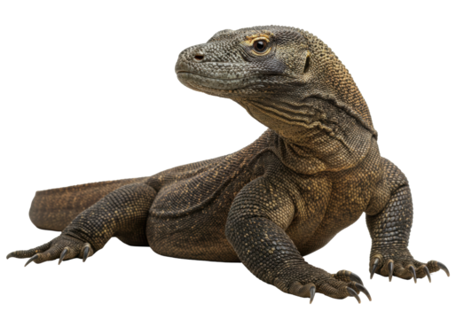Komodo dragon PNG isolated on transparent background, large lizard with scales and claws for wildlife and nature projects