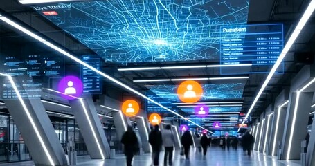 Futuristic subway station with digital displays showing maps and passenger information modern transportation concept for urban planning and - Powered by Adobe