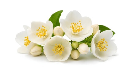 Cluster of White Jasmine Flowers with Green Leaves on White