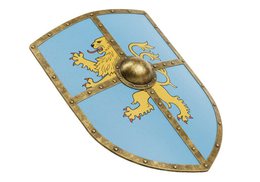 Medieval shield with golden lion isolated PNG, heraldic coat of arms on transparent background for fantasy games and historical reenactment