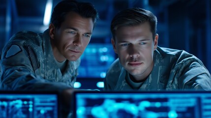In a high-tech server room, two Army specialists work together intently, configuring and deploying advanced AI systems for operational excellence