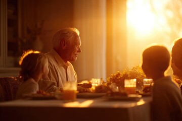 Warm family gathering at sunset, sharing stories and laughter over dinner