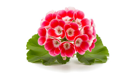 Pink Geranium Flower with Green Leaves on White Background