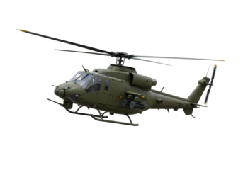 Olive green military helicopter isolated PNG, armed aircraft for army transport and air support on transparent background
