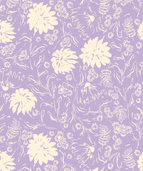 Obraz premium Seamless floral pattern, abstract flower ornament, nature print in classic style. Elegant botanical design of hand drawn purple flowers, leaves, small bouquets on white. Vector illustration.