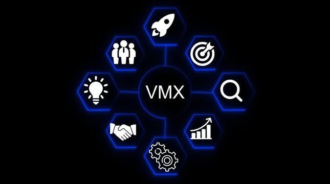 V M X business strategy infographic icons team rocket launch target search graph handshake gears lightbulb glowing blue neon hexagons dark background
