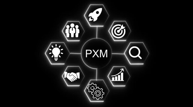 P X M Business Strategy Icons Teamwork Idea Rocket Target Search Growth Gears Partnership Concept Abstract Technology Network