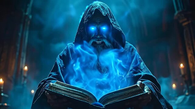 Ancient wizard with glowing blue eyes channels arcane power from an open grimoire, emitting a mystical blue aura in a dark, enchanted fantasy setting