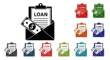Loan application money and financial documents depicted in various color schemes