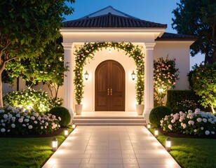 Elegant home exterior at twilight