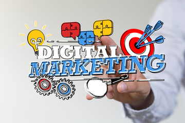 Digital marketing concept with target, ideas, and goals. Achieving online success through strategy,...