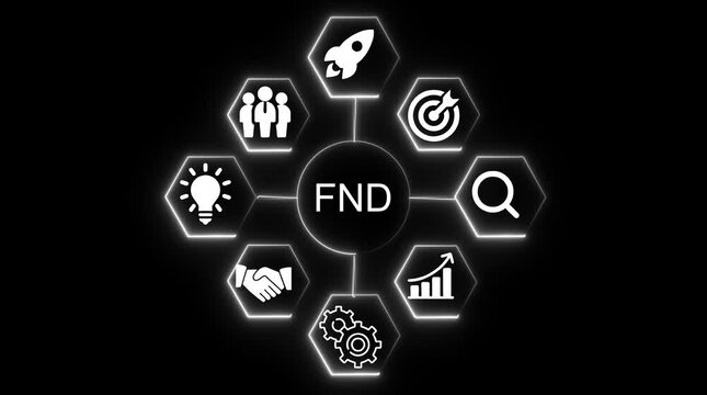 Business strategy concept F N D icons team rocket target lightbulb handshake gears growth chart on black background neon glow