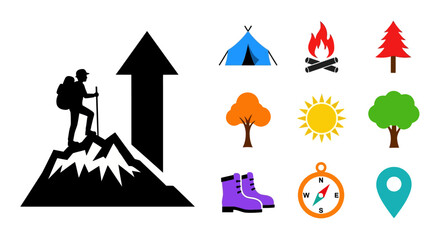 Hiking adventure icons depicting a journey into nature and the outdoors