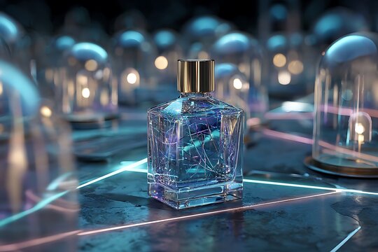 Captivating abstract perfume bottle design with ethereal blue and purple light trails, evoking luxury, modern science, and sophisticated elegance for premium branding and advertising.