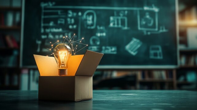 Creative light bulb glowing inside cardboard box with abstract connections, symbolizing innovation, brainstorming, thinking outside the box, education, and new ideas in classroom.
