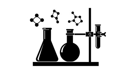 Laboratory glassware and molecular structures in a simple black and white illustration