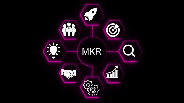 Business Marketing Strategy Icons Hexagon Network Concept M K R Growth Ideas Teamwork Launch Target Search Gears Handshake Analytics