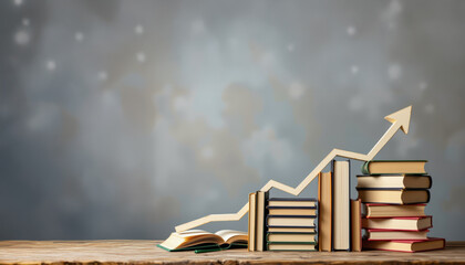 Upward business growth trend charting success with resources and books stacked for insightful pathways