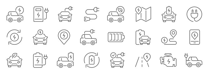 Electric car thin line icons set. Car charging icon. Editable stroke. Vector