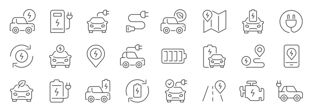 Electric car thin line icons set. Car charging icon. Editable stroke. Vector
