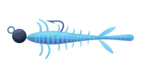 An illustration of a bright blue fish lure with a streamlined shape, hooks, and fins. Ideal for visual and graphic images related to fishing.